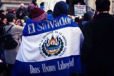 Protesters walk with an El Salvador flag banner during the 'Day Without Immigrants' strike in May 2017. 